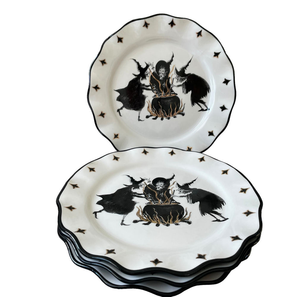 Potter's Studio Halloween Witches Brew Dinner Plates 10in Scalloped Set of 4 New
